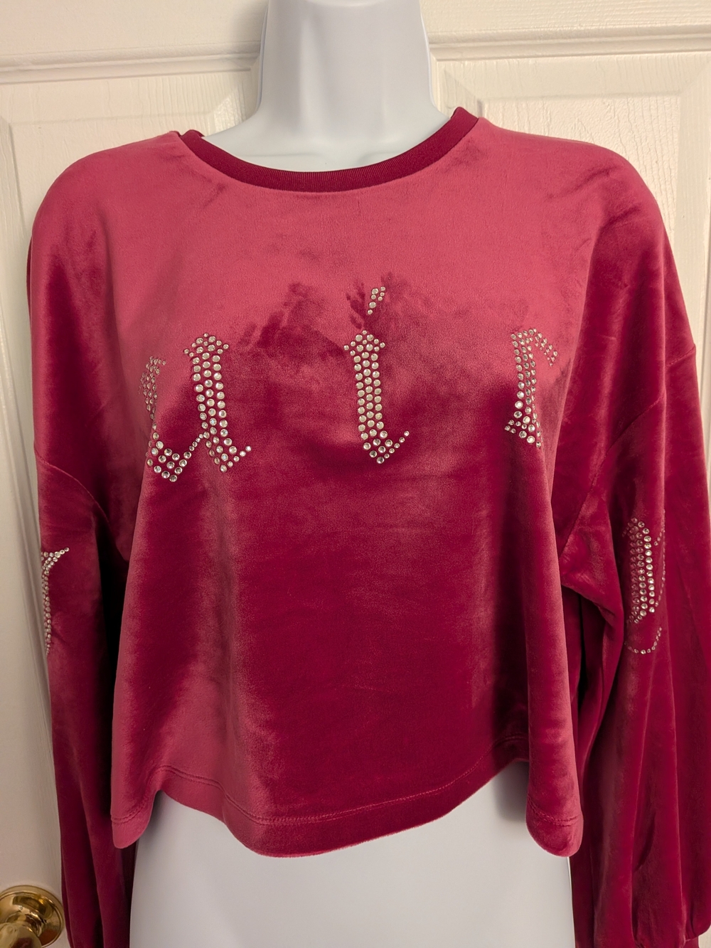 Juicy Couture Raspberry Velour Cropped Pullover Sweatshirt Rhinestone Logo Sz L